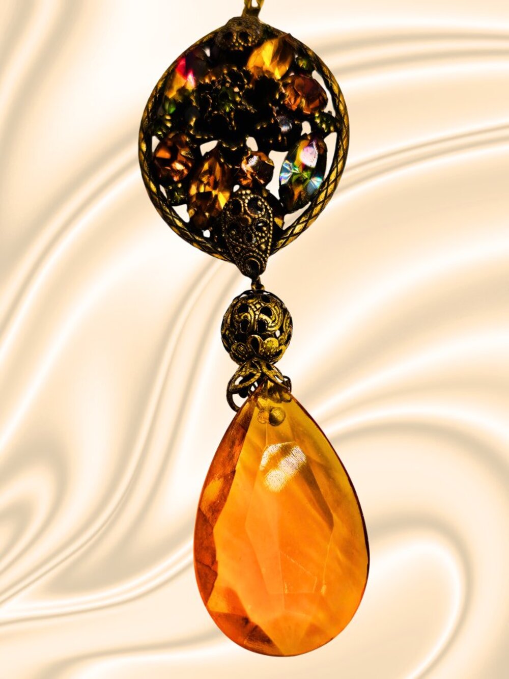 Vintage Style Amber Rhinestone Filigree Pendant Necklace Victorian Art Nouveau - Picture 5 of 8